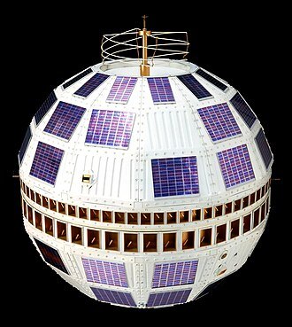 A replica of Telstar 1 in the Science Museum, London.
