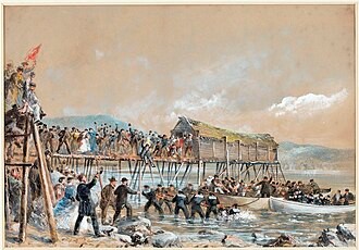 Robert Charles Dudley’s depiction of the Atlantic cable landing at Heart’s Content, Newfoundland, in 1866.