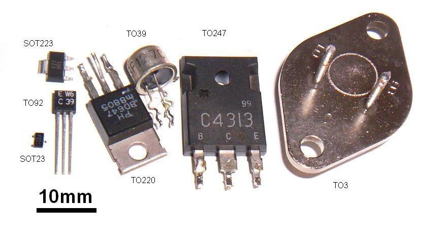 Examples of later transistor packages; not the original 1947 point-contact device.