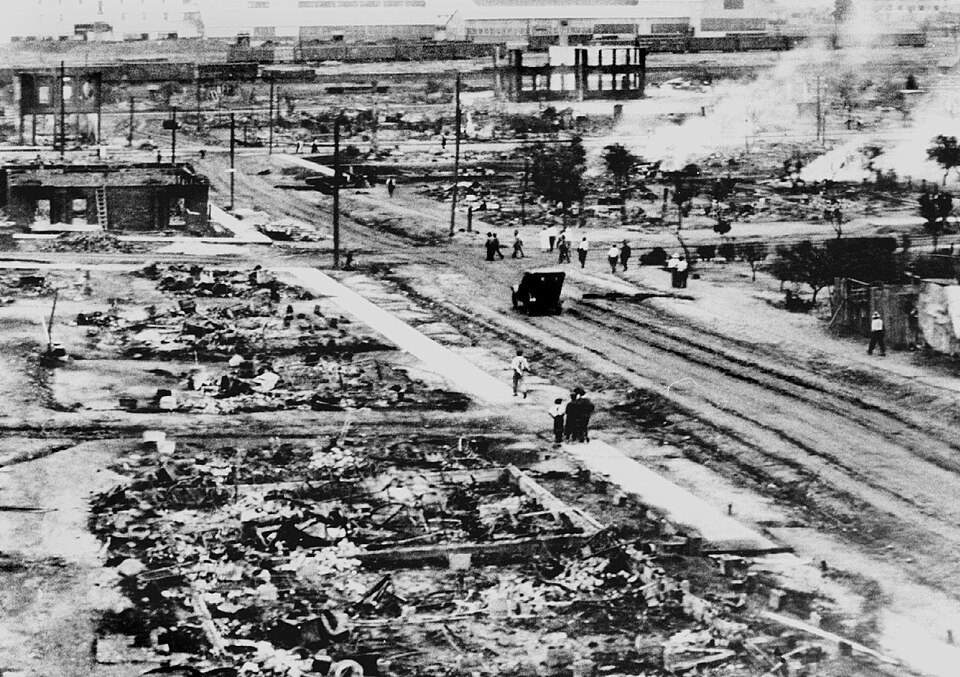 The destruction of Greenwood in the aftermath of the Tulsa race massacre, June 1921.