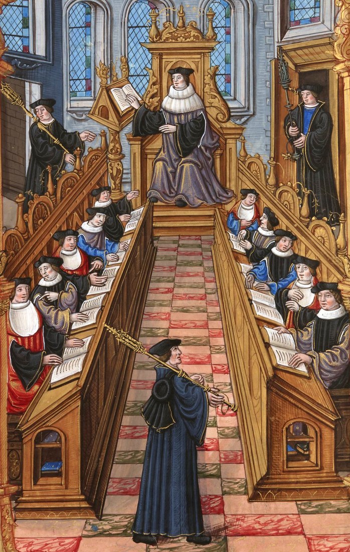 A manuscript illustration of doctors meeting at the University of Paris, attributed to Étienne Colaud.