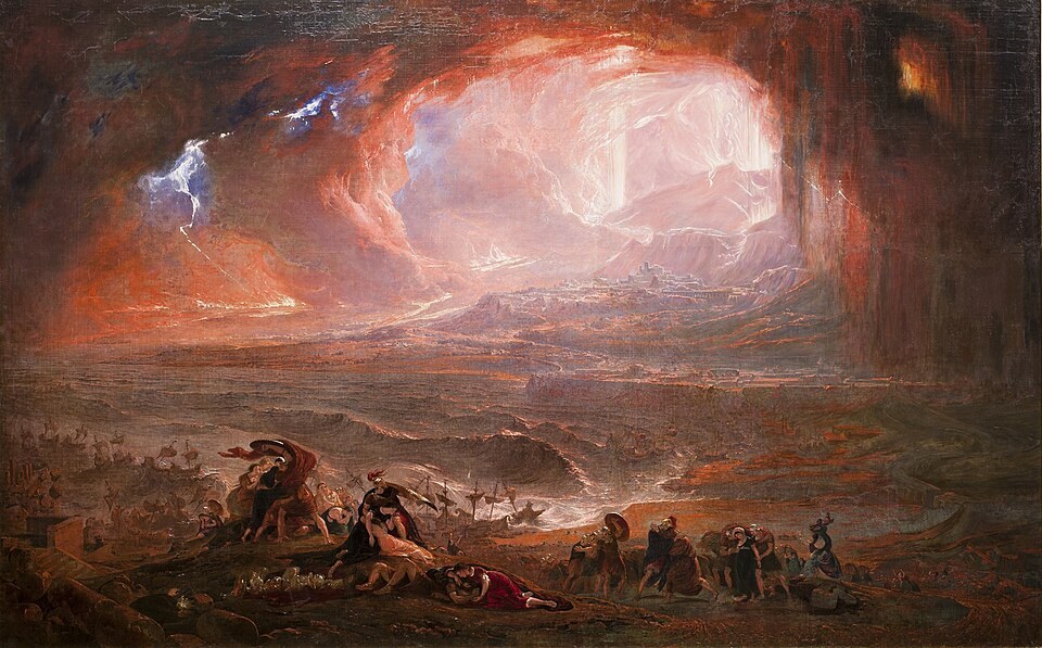 John Martin's nineteenth-century painting of Pompeii and Herculaneum's destruction; an imaginative reconstruction of the 79 CE eruption.