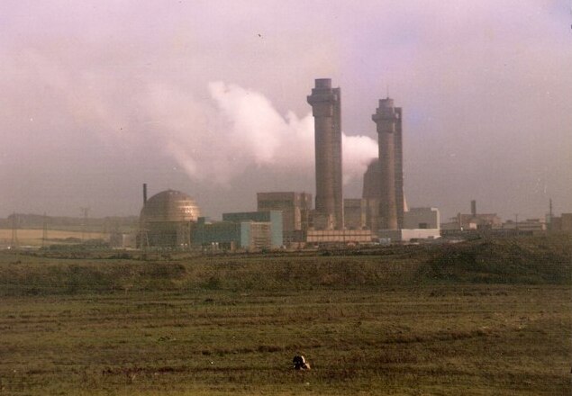 A later view of the Windscale/Sellafield site and its chimneys; this photograph does not depict the 1957 fire.